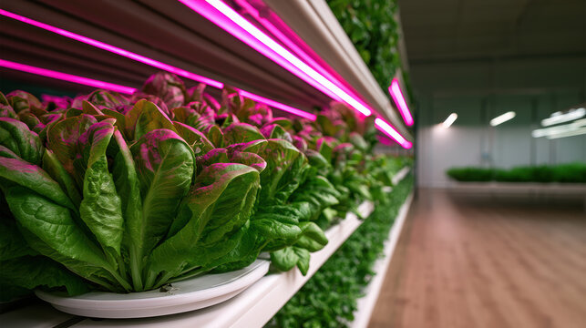 Vertical farm hydroponic lettuce indoor agriculture pink LED light green leafy vegetable modern technology sustainable food healthy