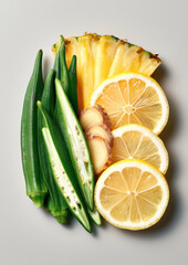 Obraz premium Sliced okra, pineapple, ginger, and lemon arranged on light background, showcasing fresh, vibrant, and healthy ingredients