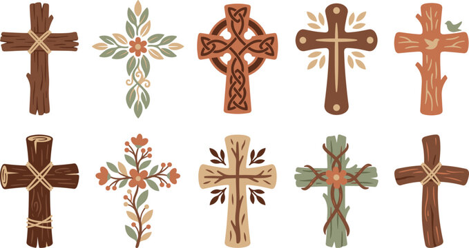 Rustic Wooden Christian Cross Set with Botanical Floral Vines Celtic Knots and Earthy Natural Religious Icon Designs