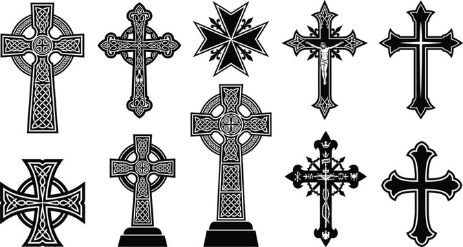 Gothic Celtic Cross Silhouette Set with Traditional Crucifix Maltese and Ornamental Religious Tattoo Graphic Art Designs