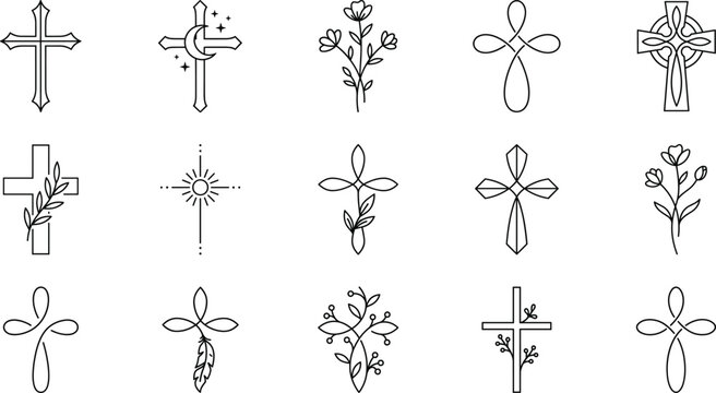Minimalist Christian Cross Line Art Set with Elegant Floral Celestial Moon and Botanical Religious Tattoo Graphic Designs