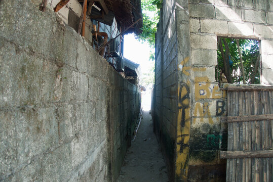 A shaded walkway runs beside concrete and bamboo walls in a modest Panglao neighborhood.