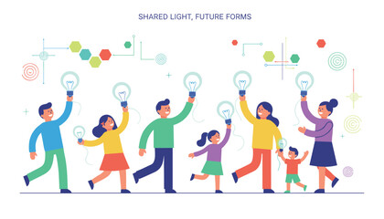 Fototapeta premium Group of people holding glowing light bulbs in an uplifting scene representing shared knowledge and collaborative innovation for future forms.