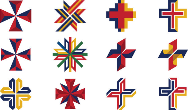 Abstract Geometric Christian Cross Logo Set with Modern Colorful Ribbon 3D Intersecting Lines and Minimalist Religious Emblem Designs
