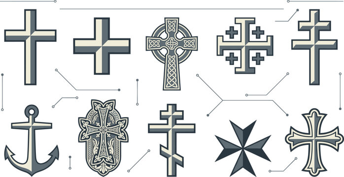 Christian Cross Icon Set Featuring Traditional Celtic Orthodox Jerusalem Maltese and Historical Religious Graphic Symbol Designs