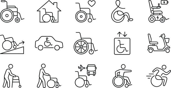 Wheelchair accessibility line icon set featuring disabled transport medical mobility equipment ramp elevator and senior rehabilitation support vectors