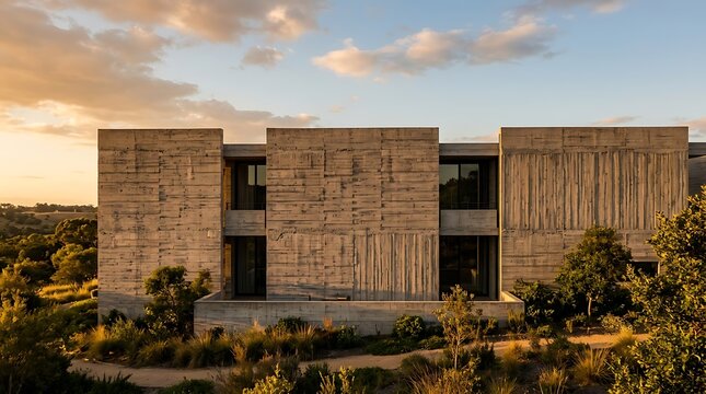 Modern brutalist concrete building in natural landscape at sunset