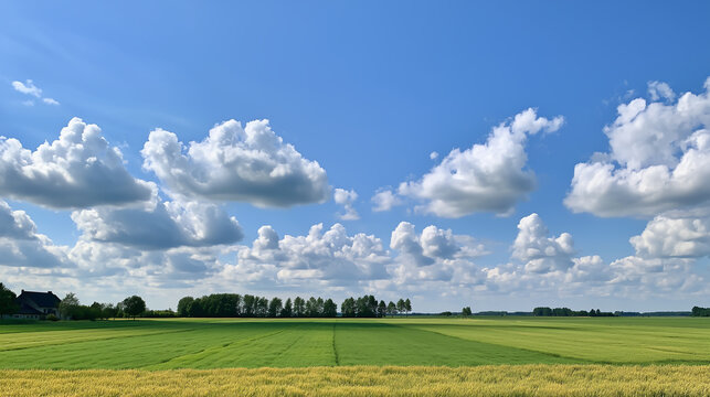  Vast green farmland stretching to the distance under a blue sky filled with large white cumulus clouds.