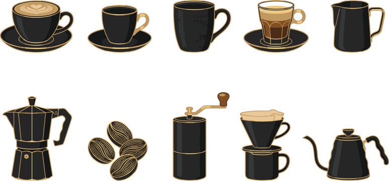 Luxury Black and Gold Coffee Icon Set with Espresso Cup Moka Pot Grinder and Brewing Equipment Line Art Designs