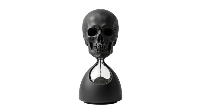 A striking black skull hourglass a symbol of mortality and the passage of time isolated on transparent background