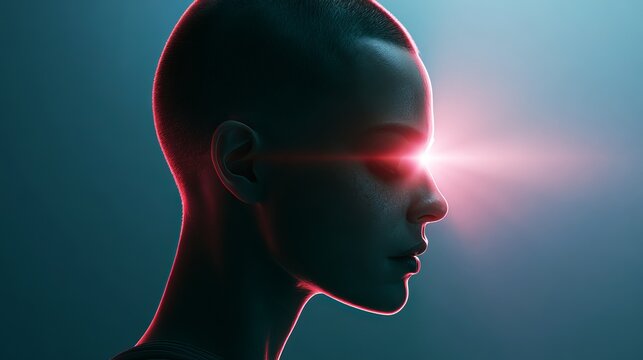 Radiant red light intensely illuminates a woman's profile, symbolizing awareness and strength, concept for breast cancer research and female empowerment