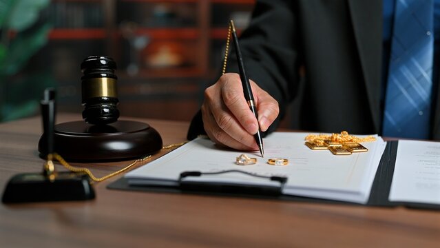 Lawyer signs contract document, legal lawyer reviewing contract terms inside office, finalizing contract settlement near gavel, handling prenuptial agreement, asset division, court approval.