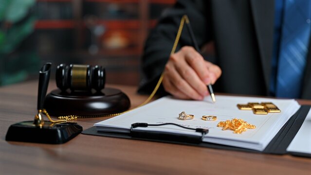 Lawyer signs marriage agreement, managing legal agreement division after divorce dispute, finalizing divorce settlement agreement near gold rings over official paperwork.