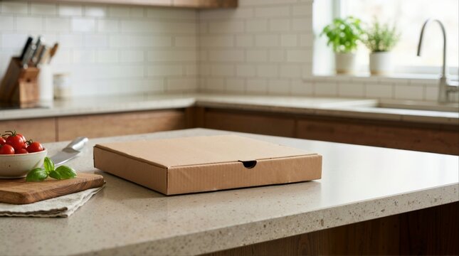 Closed brown cardboard pizza box on a quartz kitchen island counter. Takeout food delivery packaging in a modern kitchen interior