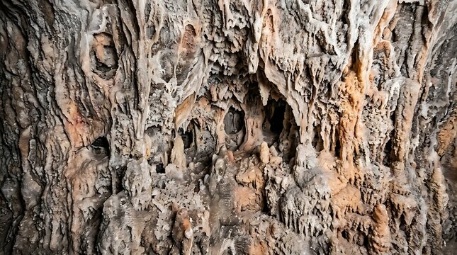 Stalactites and stalagmites hanging inside a deep limestone cave