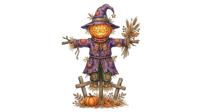 Charming halloween scarecrow with a witch hat perfect for spooky decorations and crafts isolated on transparent background