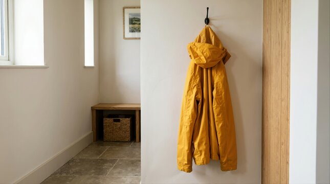 Yellow hooded raincoat hanging on a wall hook in a home entryway. Waterproof jacket in hallway with bench and basket decor