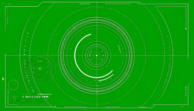 Futuristic Digital HUD Interface with Circular Scans and Targeting Reticle on a Green Screen Background for Sci-Fi and Technology Concepts