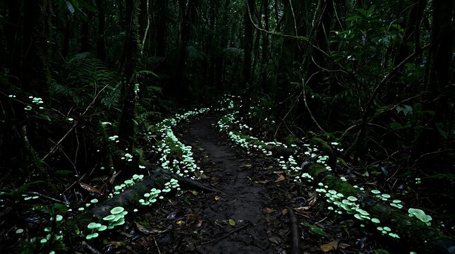 Bioluminescent mushrooms glow along a dark forest trail