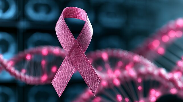 Pink breast cancer awareness ribbon floats above a blurred DNA structure, symbolizing hope and research for women's health and a brighter future