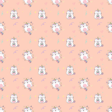 Cute caticorn seamless pattern with rainbow cupcake and music notes vector illustration