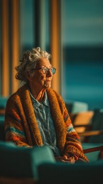 Elderly woman sitting in a chair looking out a window