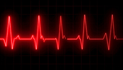 Fototapeta premium Vibrant Red Neon Heartbeat Line on Black Grid Background Representing Life Health and Medical Science Technology