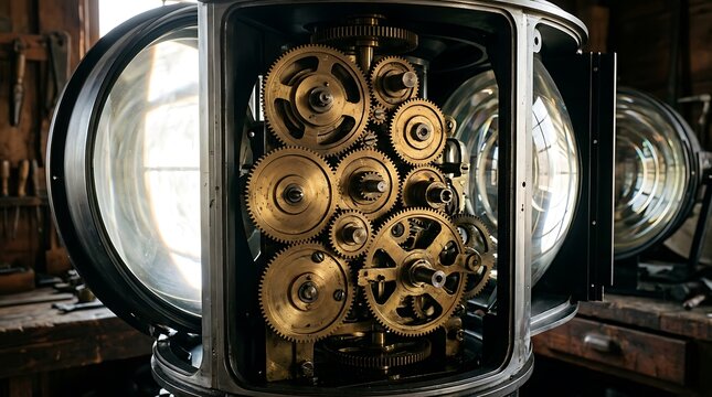 Intricate vintage brass clockwork mechanism inside lighthouse lens