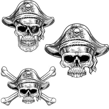 Pirate Skull Icons: A set of three stylized pirate skull illustrations, each adorned with a distinctive pirate hat featuring a skull and crossbones emblem, one crossed with bones for a classic emblem.