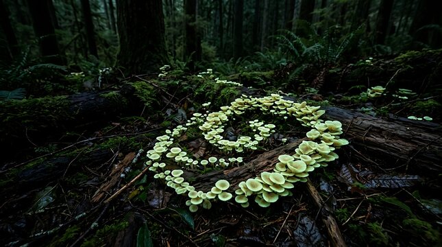 Pale mushrooms growing in a spiral on a dark mossy forest log