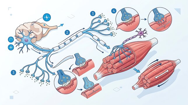Medical illustration of motor neuron signaling to muscle fibers