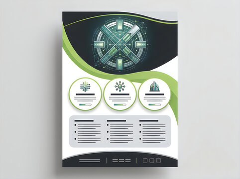 Futuristic business flyer template with green waves, corporate brochure layout with tech icons, professional marketing leaflet design