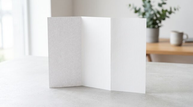Blank white tri-fold brochure standing on a light table in a bright room, ready for custom design.