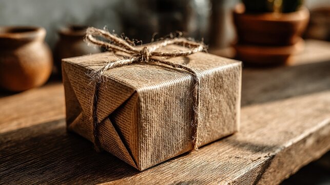 Small box wrapped in twine on a wooden table congrarulation holiday background copy space