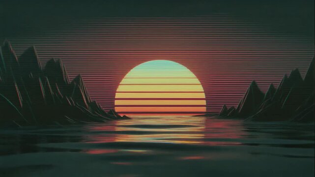 山あいの水面を染める夕焼けの太陽