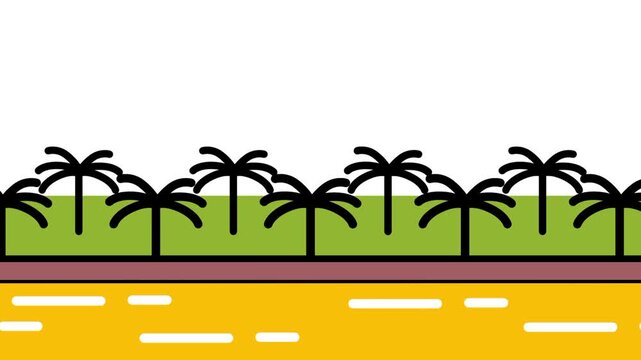 Tropical palm trees growing along a sandy beach shoreline with waves and an orange sand strip in flat vector icon style for digital presentations