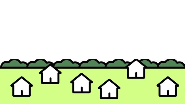 Small suburban neighborhood with several white houses and trees arranged neatly on green grass in flat icon illustration for modern presentations
