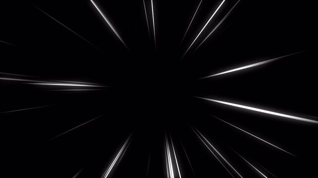 Fast white radial light streaks moving from the center on black background, creating a dynamic speed frame effect with alpha channel and seamless loop
