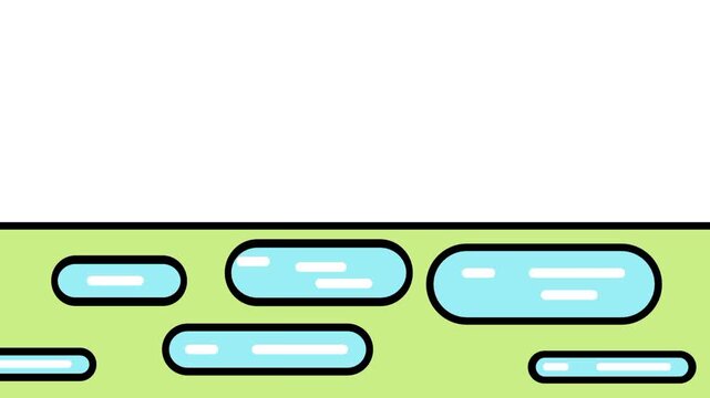 Grassy meadow dotted with several small blue ponds or lakes and fluffy white clouds above in flat vector icon illustration projects presentations