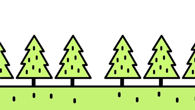 Row of pointed dark green pine trees standing evenly spaced on green grassland in a simple flat woodland icon illustration projects presentations