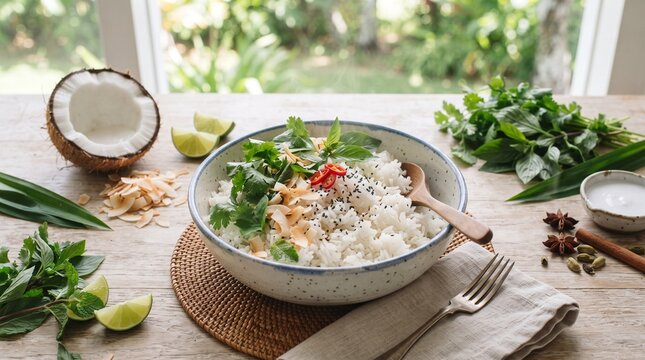 Coconut rice with herbs