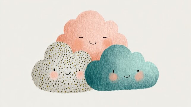 Minimal pastel chubby cloud trio with tiny blush dots, soft mint-blue, dreamy childlike shapes, pure white background