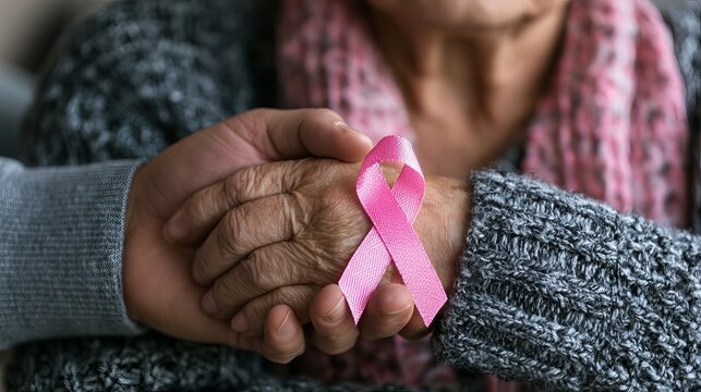 Gentle hands clasp together, showcasing a pink ribbon symbolizing breast cancer awareness, representing support and hope for women's health and wellness