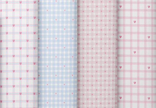 Editable seamless repeating watercolor pattern set with tiny hearts, gingham checks and pastel plaid for nursery, stationery, fabric, wrapping and feminine design