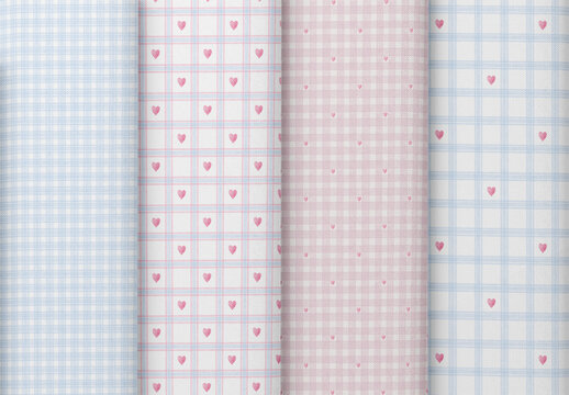 Editable seamless repeating watercolor pattern set with pastel gingham, plaid and heart motifs for nursery, stationery, fabric, packaging and textile design