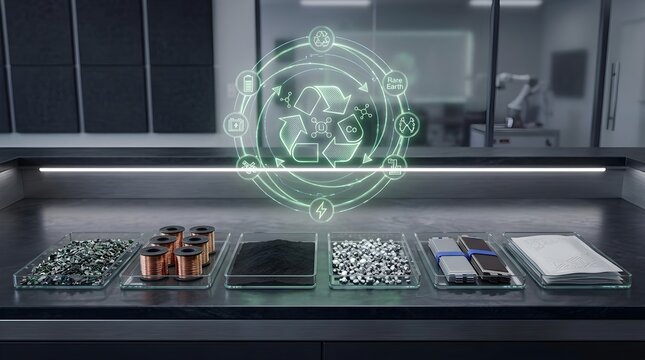 Futuristic recycling concept showcasing sorted electronic components and sustainable materials in a high-tech laboratory setting