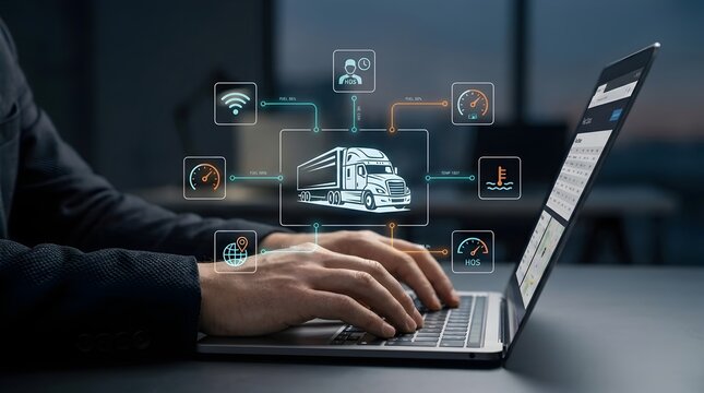 Smart Fleet Management and Logistics Tracking with Businessman Using Laptop to Monitor Delivery Truck IoT Sensors