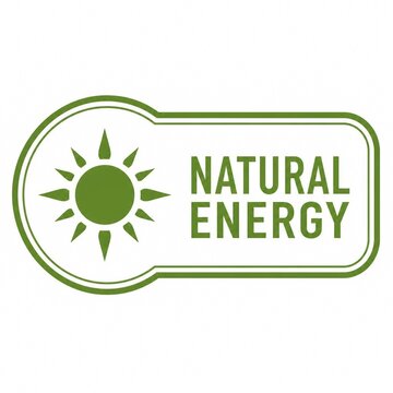 Green natural energy badge with sun icon for eco-friendly branding and renewable power campaigns