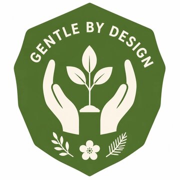Green hexagonal emblem with hands holding a plant and Gentle By Design text logo.