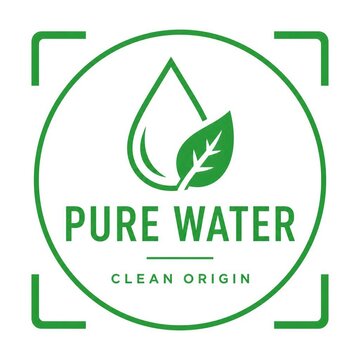 Green circular badge with water drop and leaf icon for eco friendly water branding.
